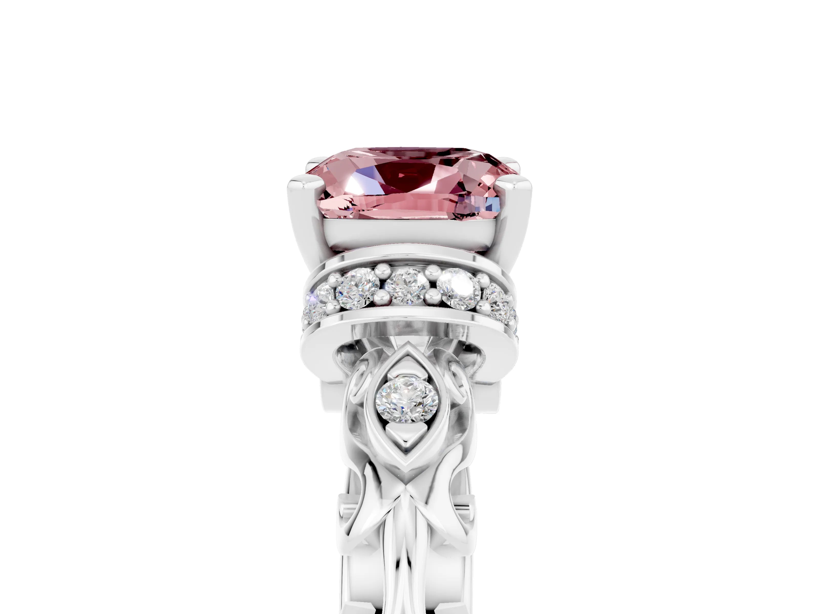 White gold Cushion Cut Morganite Solitaire Ring with Filigree Band and Four-Prong Setting_29