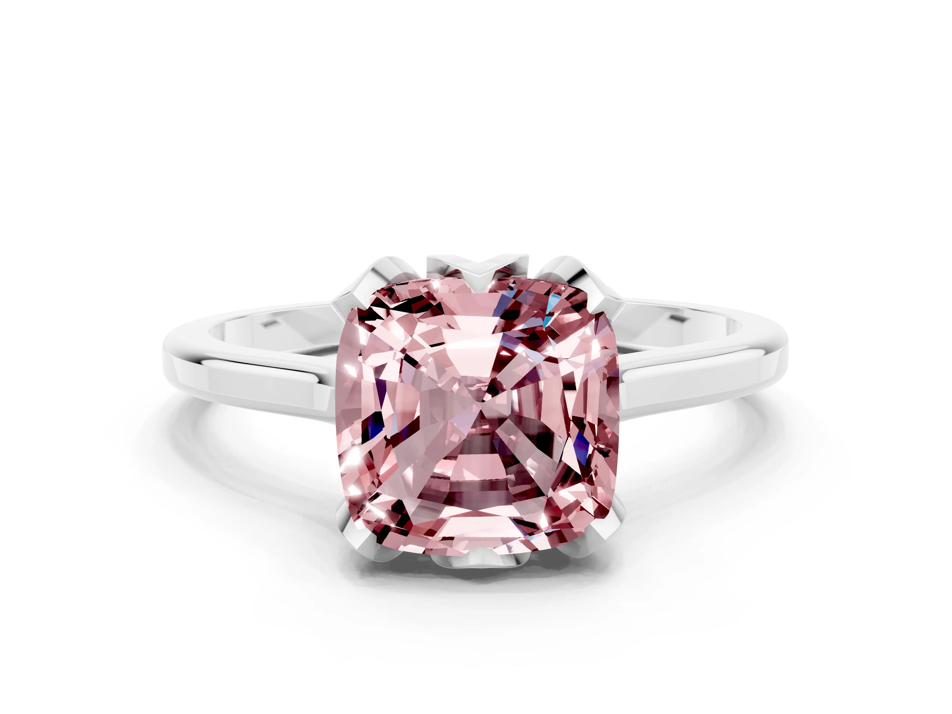 White gold Cushion Cut Morganite Solitaire Ring with Flower Prong Setting and Classic Band_12