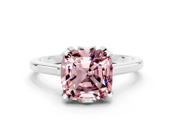 Platinum Cushion Cut Morganite Solitaire Ring with Flower Prong Setting and Classic Band
