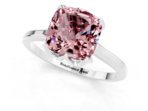 White gold Cushion Cut Morganite Solitaire Ring with Flower Prong Setting and Classic Band_13