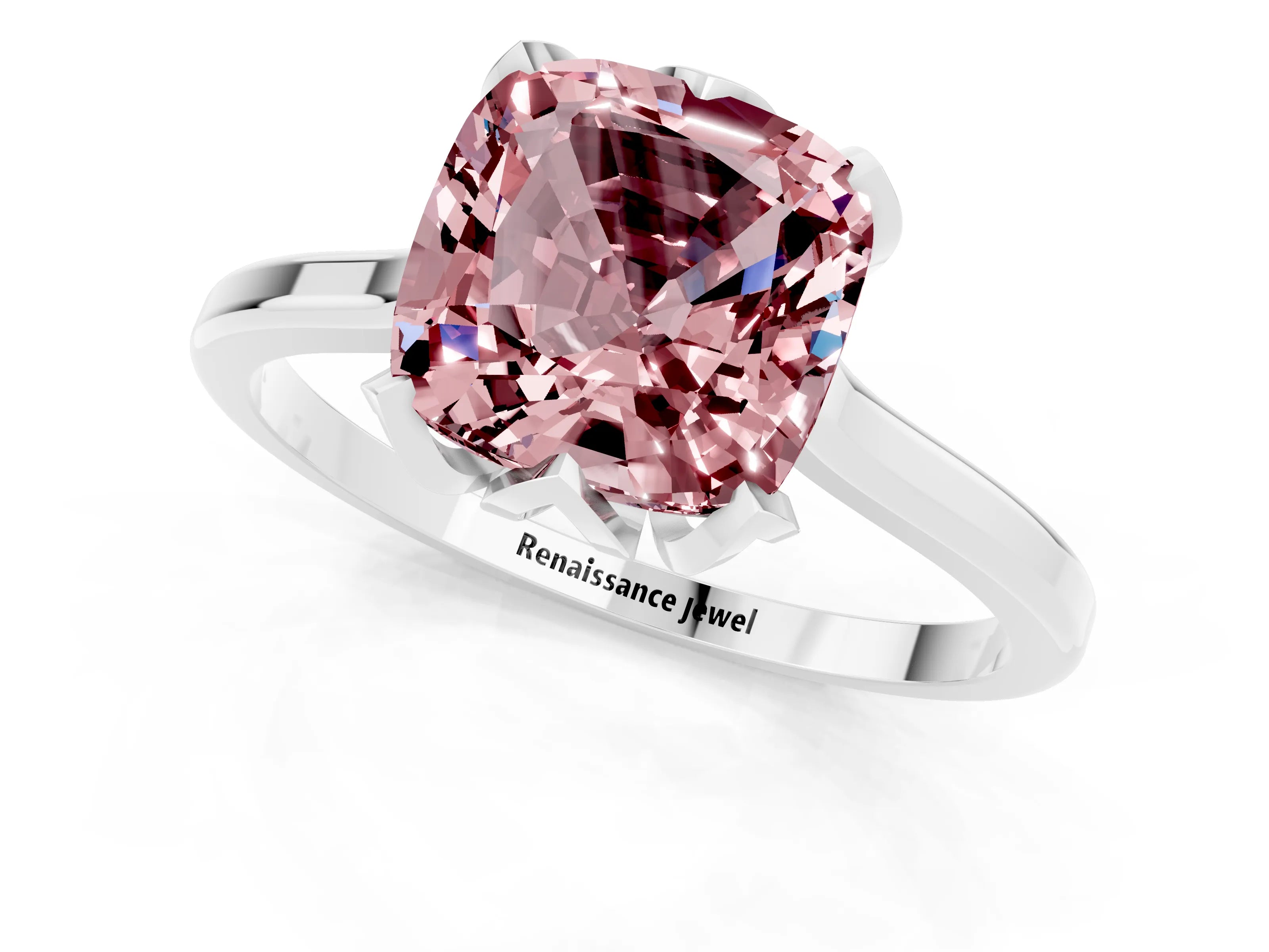 White gold Cushion Cut Morganite Solitaire Ring with Flower Prong Setting and Classic Band_13
