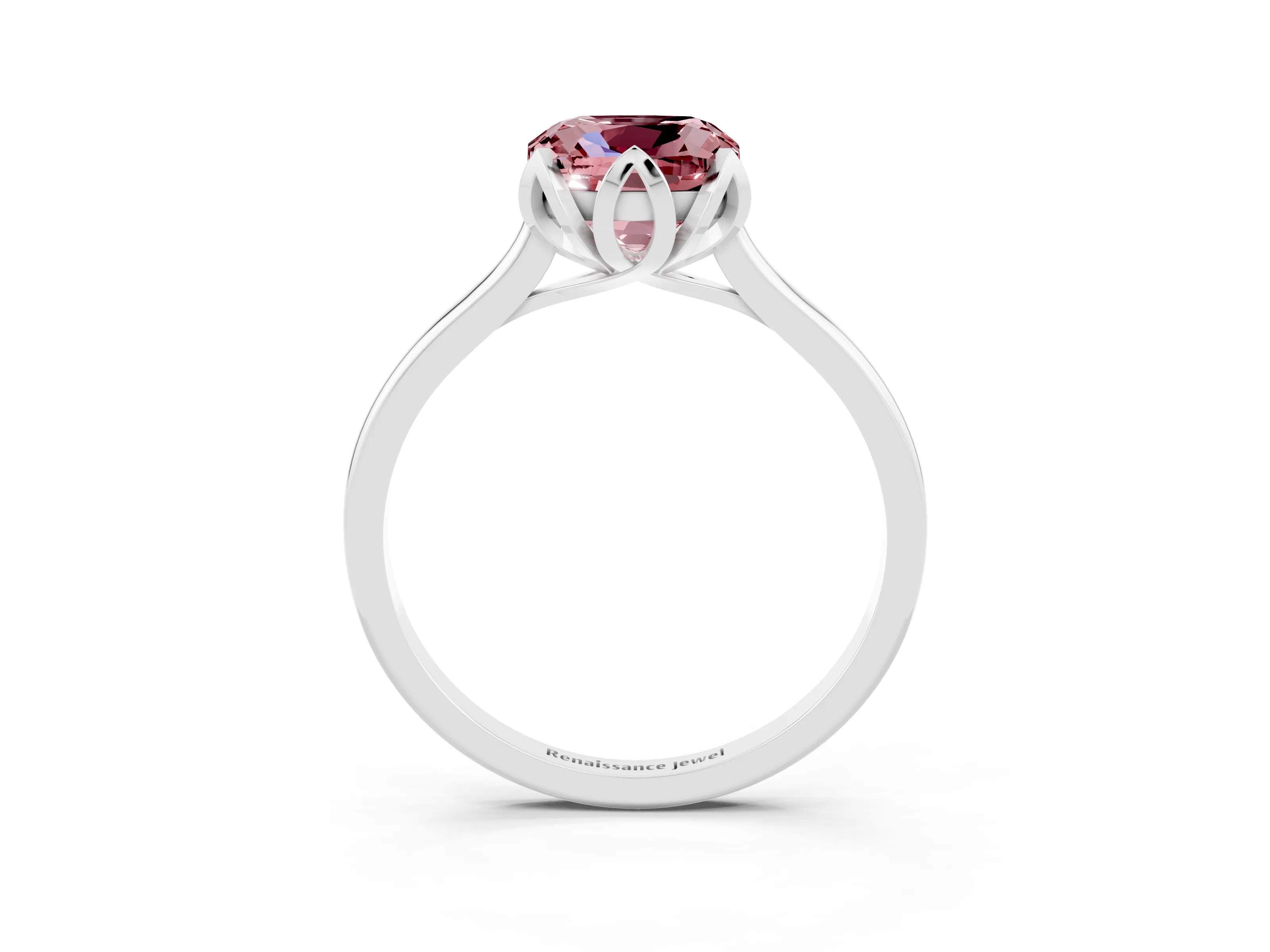 White gold Cushion Cut Morganite Solitaire Ring with Flower Prong Setting and Classic Band_15
