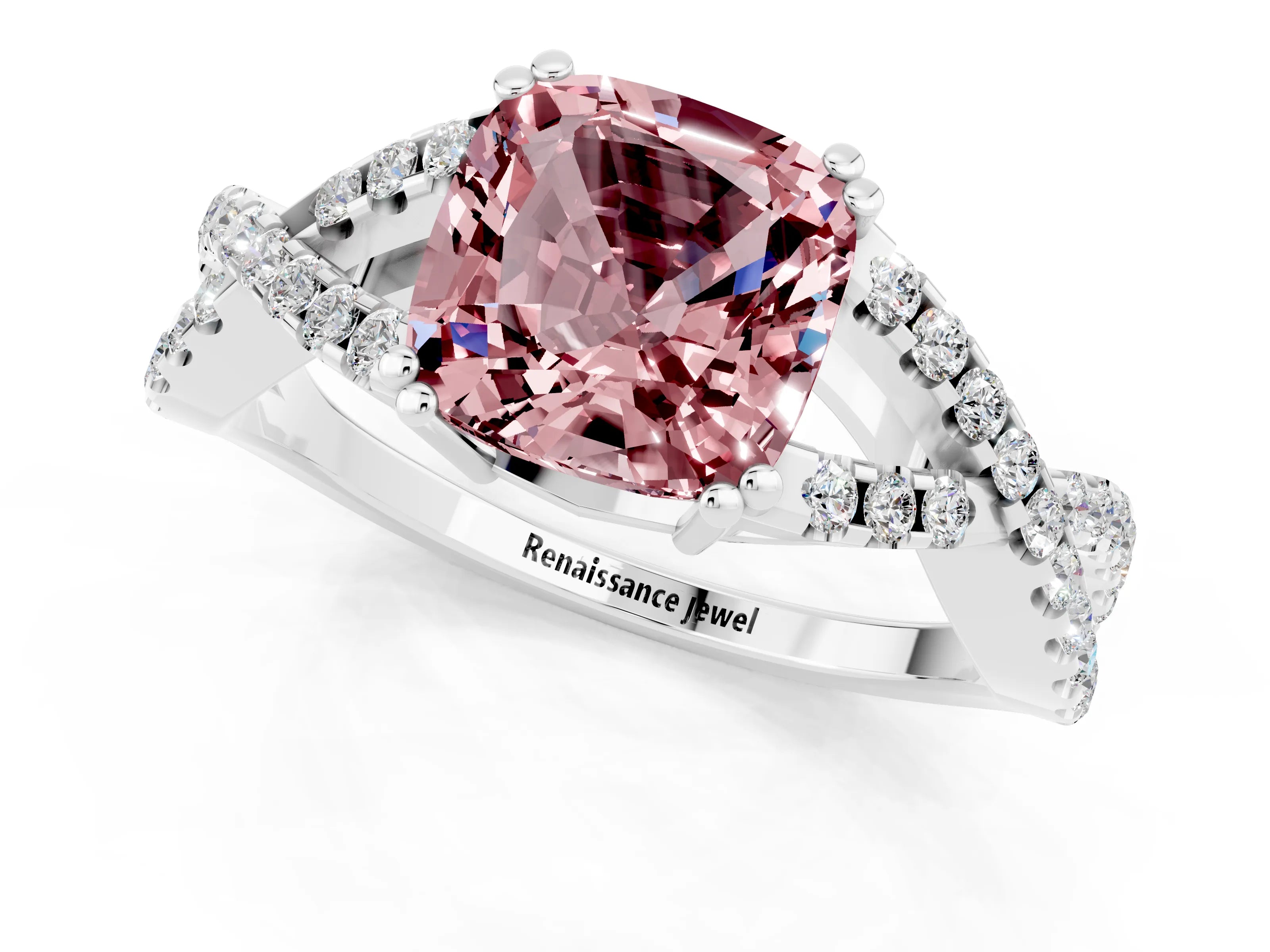 White gold Cushion Cut Morganite Solitaire Ring with Four-Prong Setting and Twisted Pavé Band_1