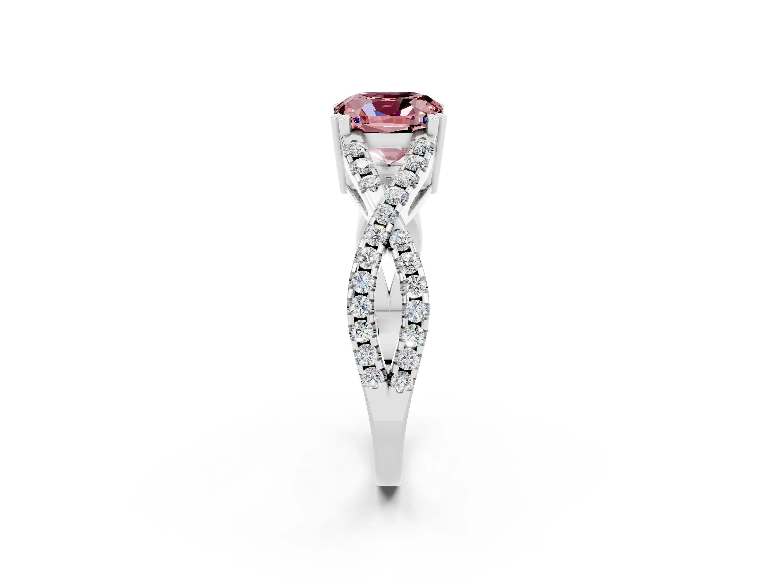 White gold Cushion Cut Morganite Solitaire Ring with Four-Prong Setting and Twisted Pavé Band_2