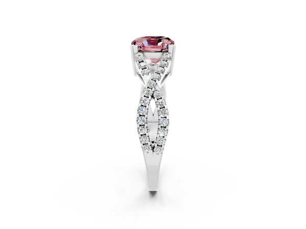 Silver Cushion Cut Morganite Solitaire Ring with Four-Prong Setting and Twisted Pavé Band
