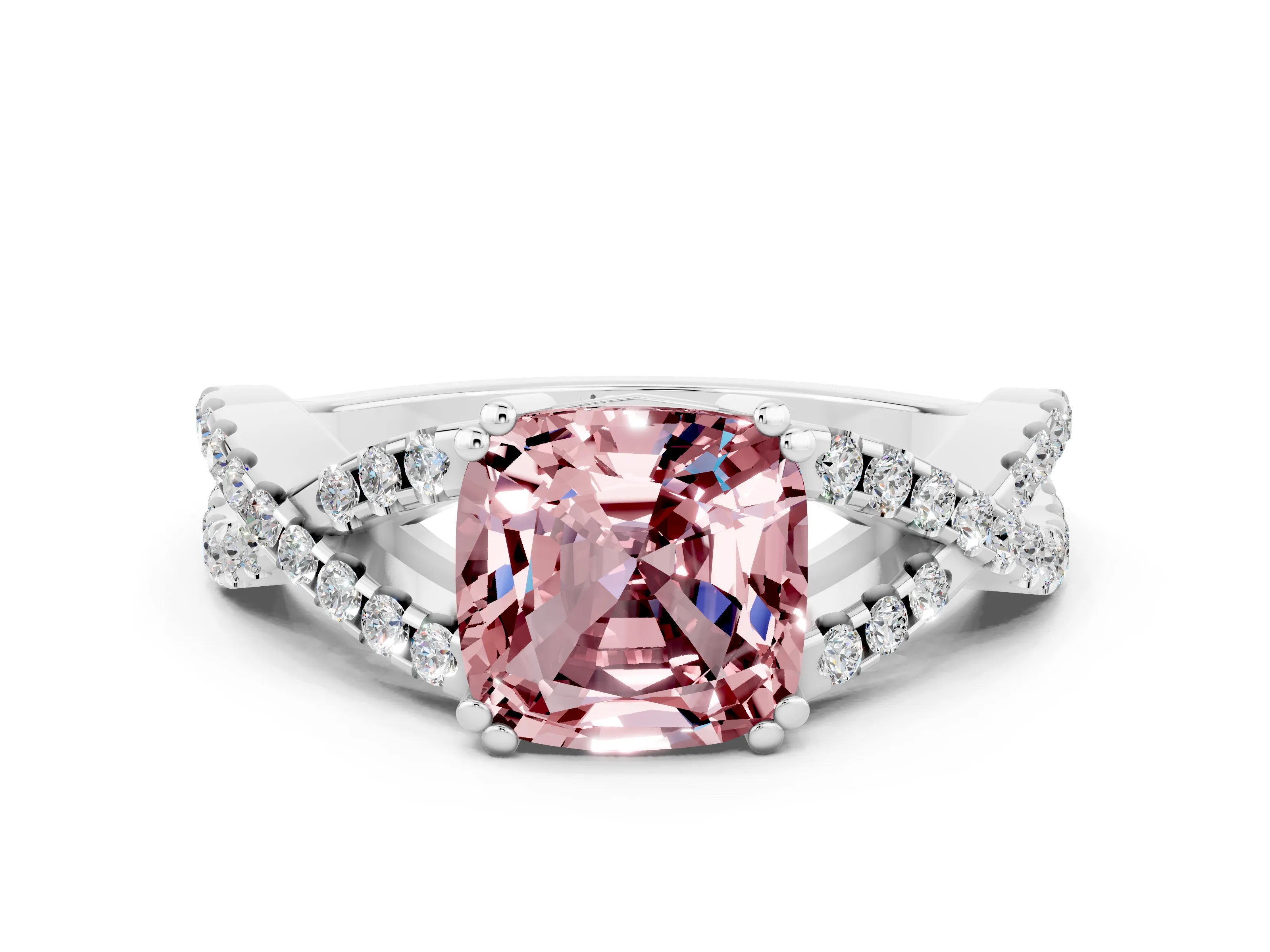 White gold Cushion Cut Morganite Solitaire Ring with Four-Prong Setting and Twisted Pavé Band