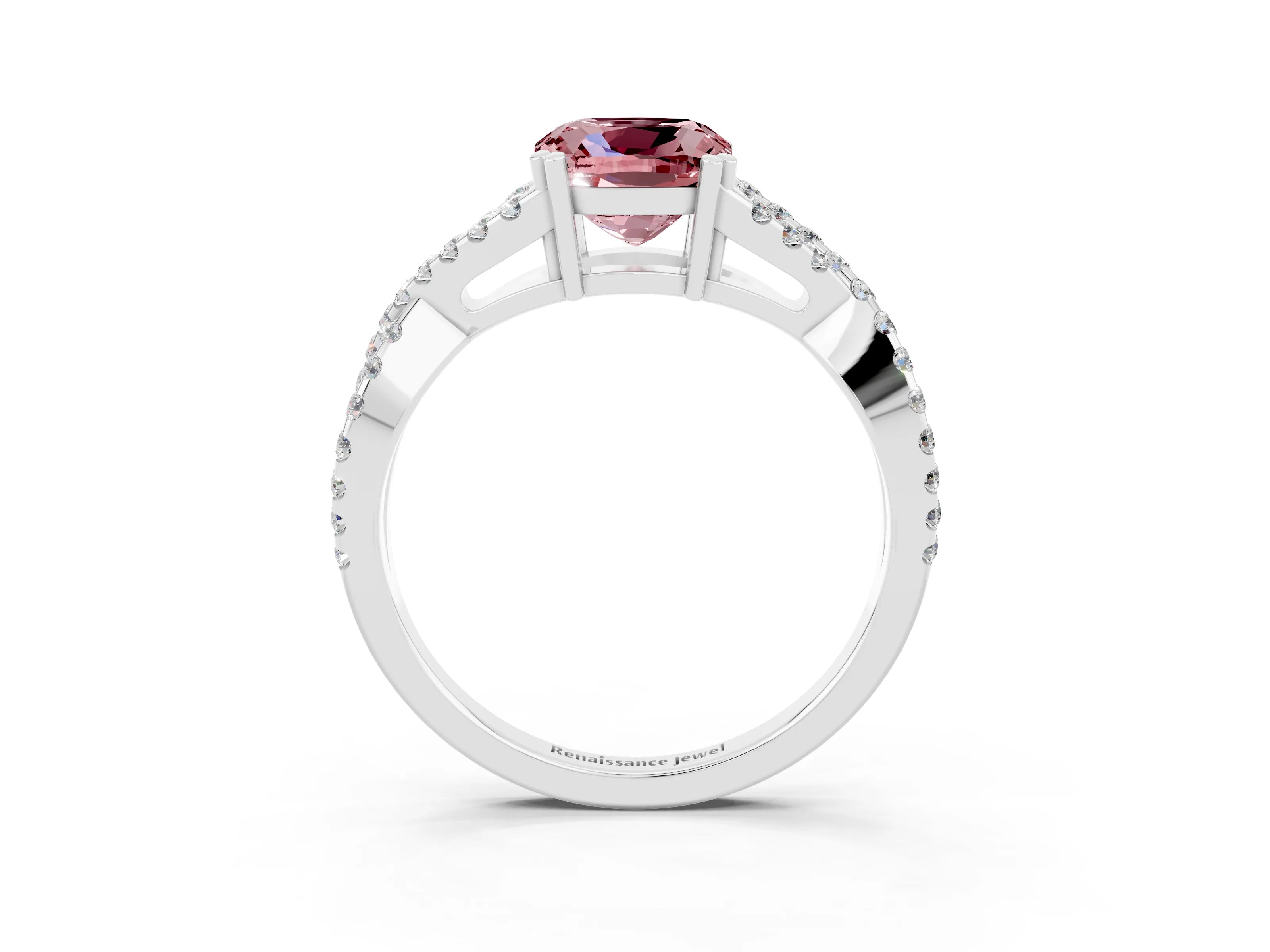 White gold Cushion Cut Morganite Solitaire Ring with Four-Prong Setting and Twisted Pavé Band_3