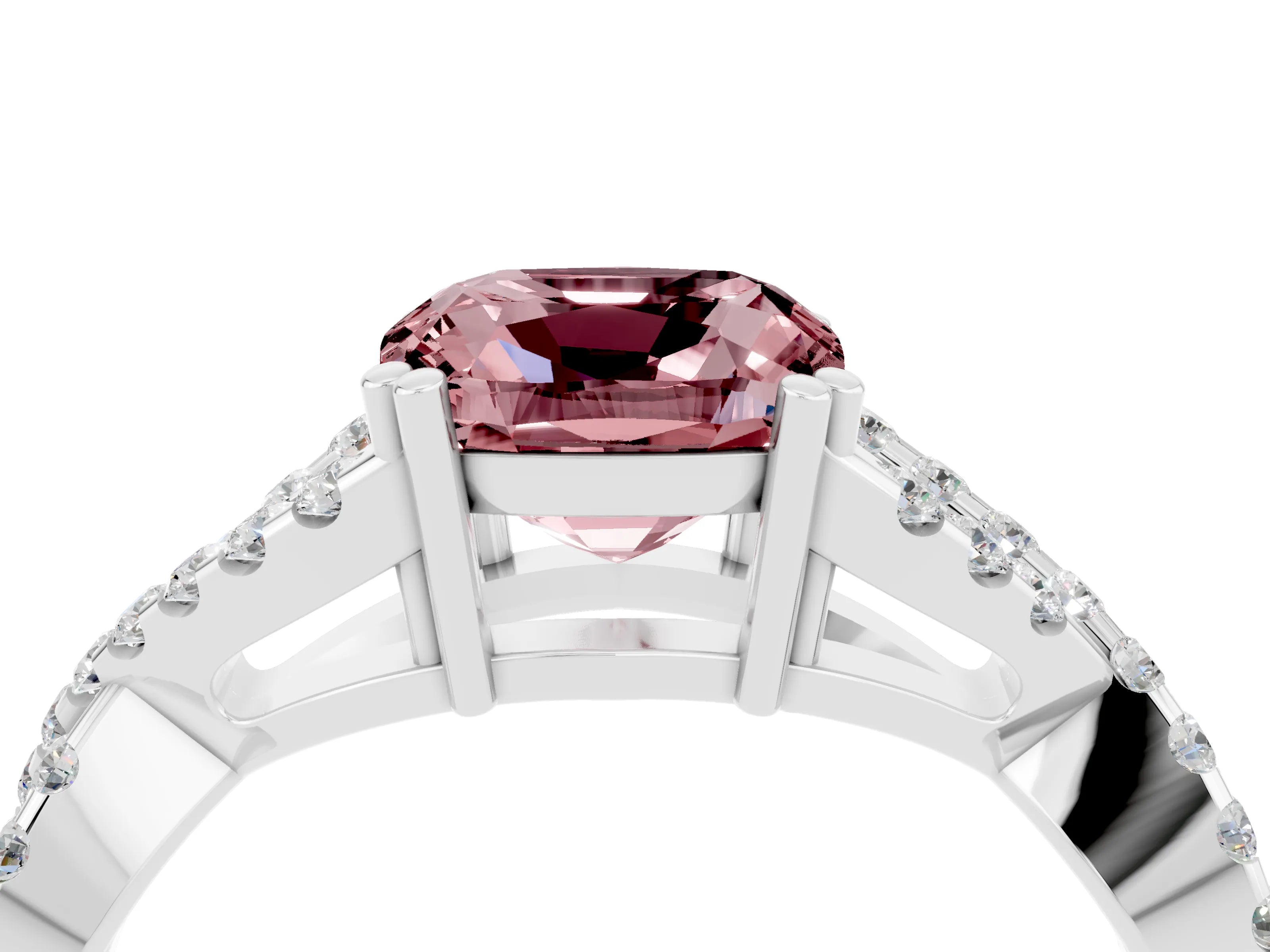 White gold Cushion Cut Morganite Solitaire Ring with Four-Prong Setting and Twisted Pavé Band_4