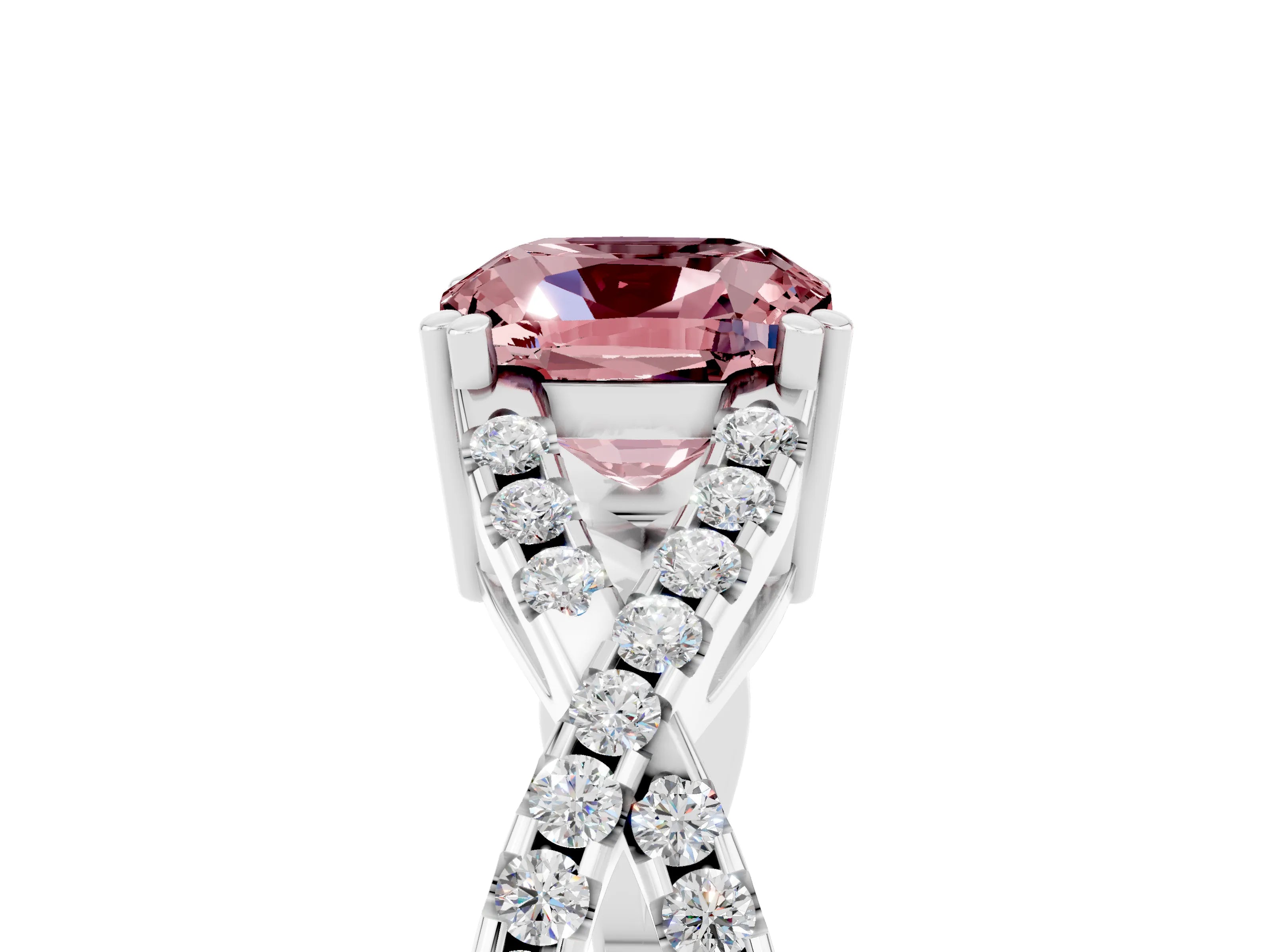 White gold Cushion Cut Morganite Solitaire Ring with Four-Prong Setting and Twisted Pavé Band_5