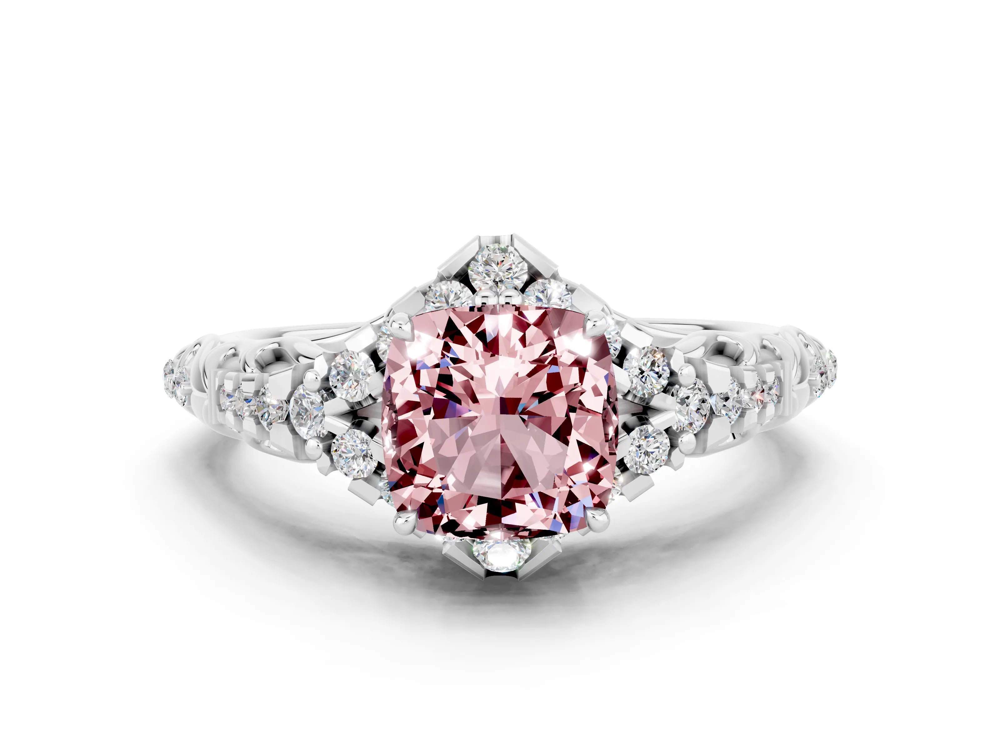 White gold Cushion Cut Morganite Solitaire Ring with Hidden Halo and Pavé Band_12