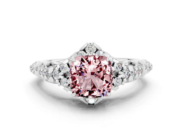 White gold Cushion Cut Morganite Solitaire Ring with Hidden Halo and Pavé Band