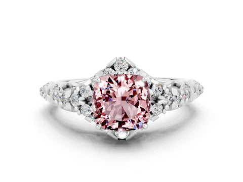 White gold Cushion Cut Morganite Solitaire Ring with Hidden Halo and Pavé Band_12