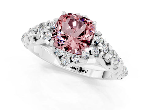 White gold Cushion Cut Morganite Solitaire Ring with Hidden Halo and Pavé Band_13