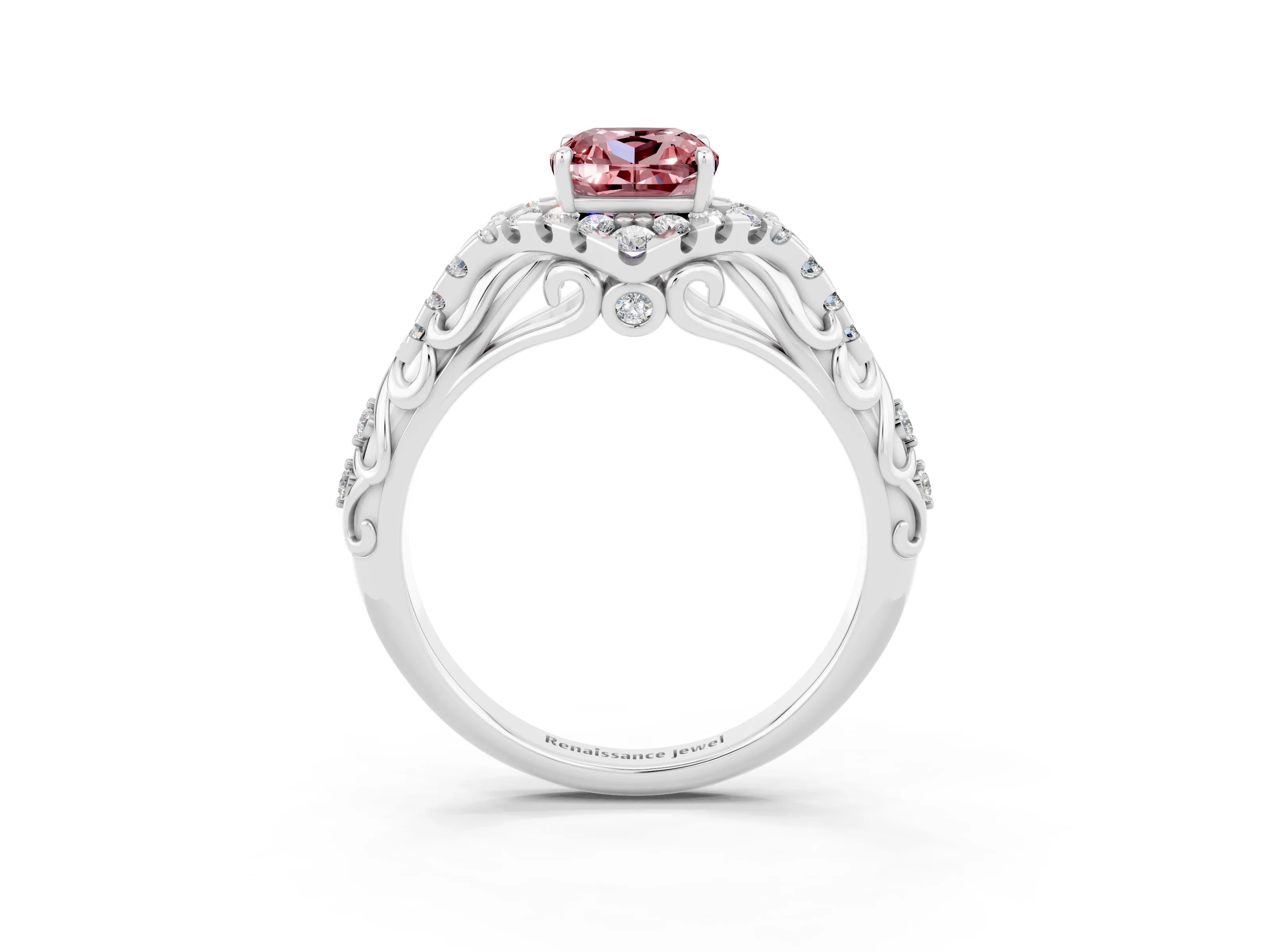 White gold Cushion Cut Morganite Solitaire Ring with Hidden Halo and Pavé Band_15