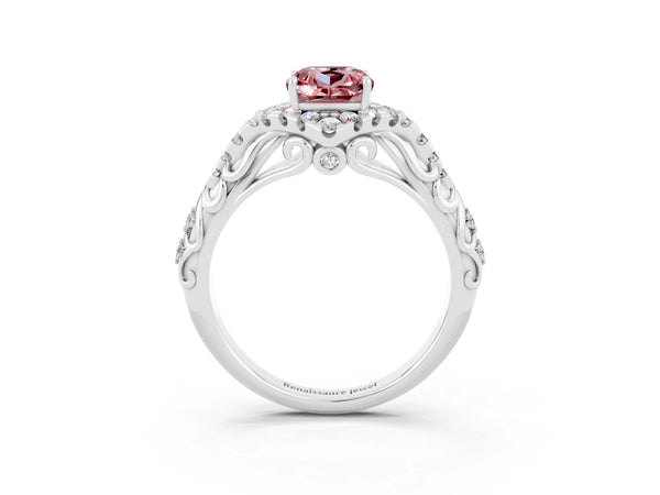 White gold Cushion Cut Morganite Solitaire Ring with Hidden Halo and Pavé Band