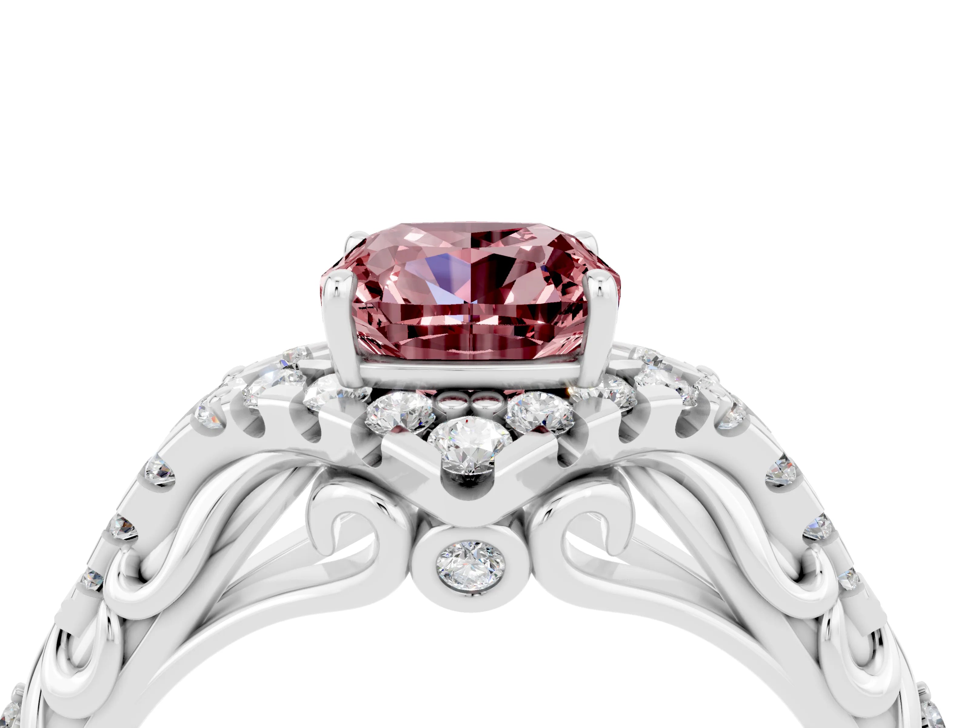 White gold Cushion Cut Morganite Solitaire Ring with Hidden Halo and Pavé Band_16