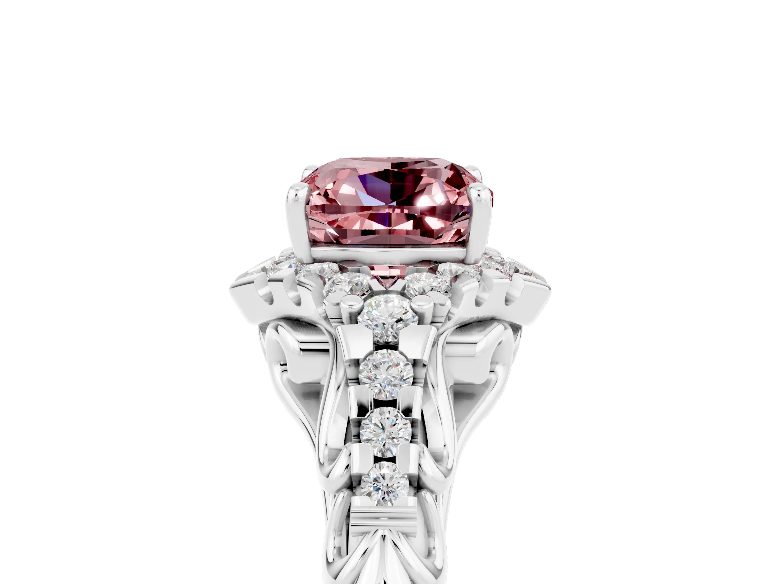 White gold Cushion Cut Morganite Solitaire Ring with Hidden Halo and Pavé Band_17