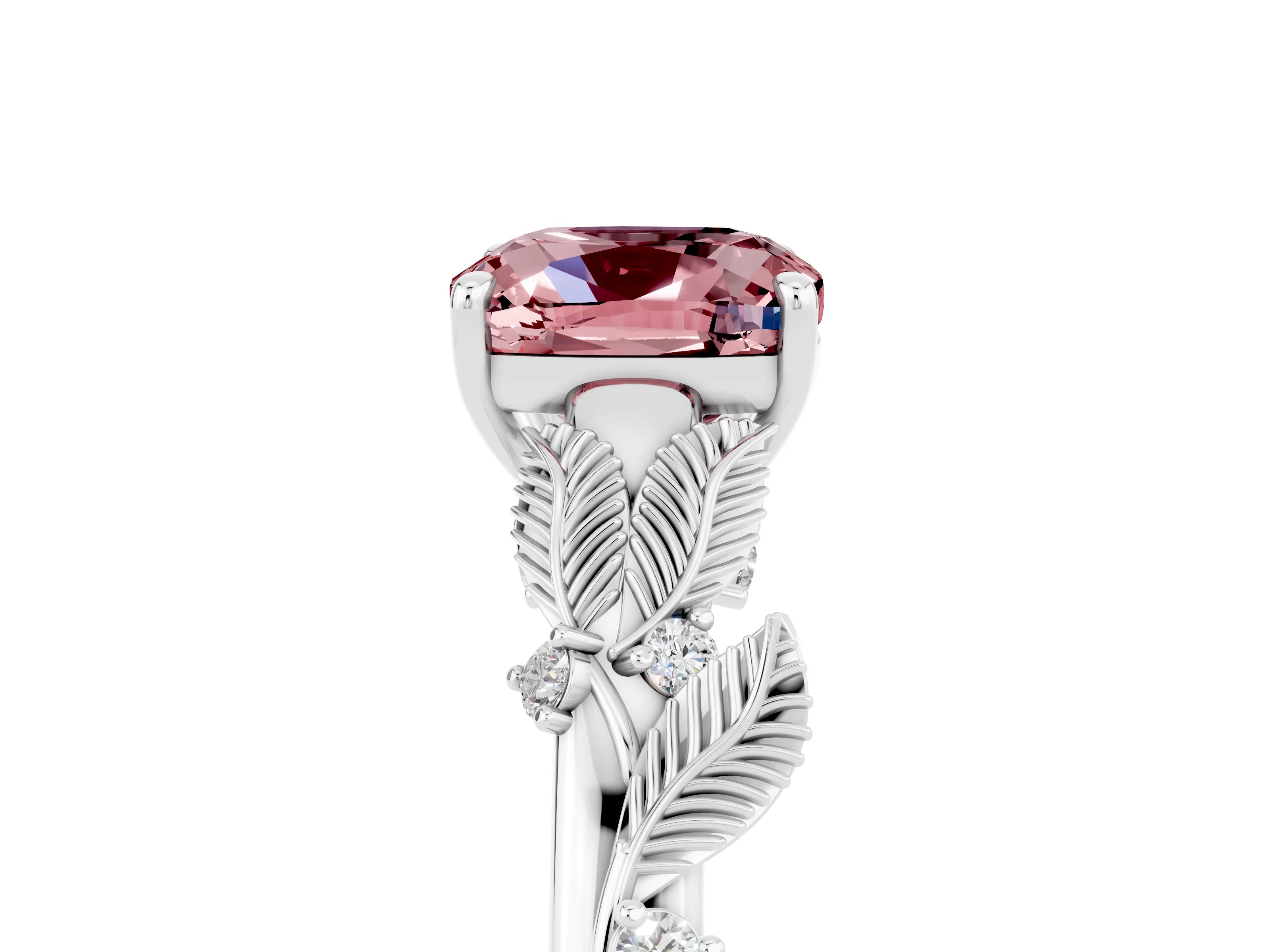 White gold Cushion Cut Morganite Solitaire Ring with Leaf Motif Band and Four-Prong Setting_11