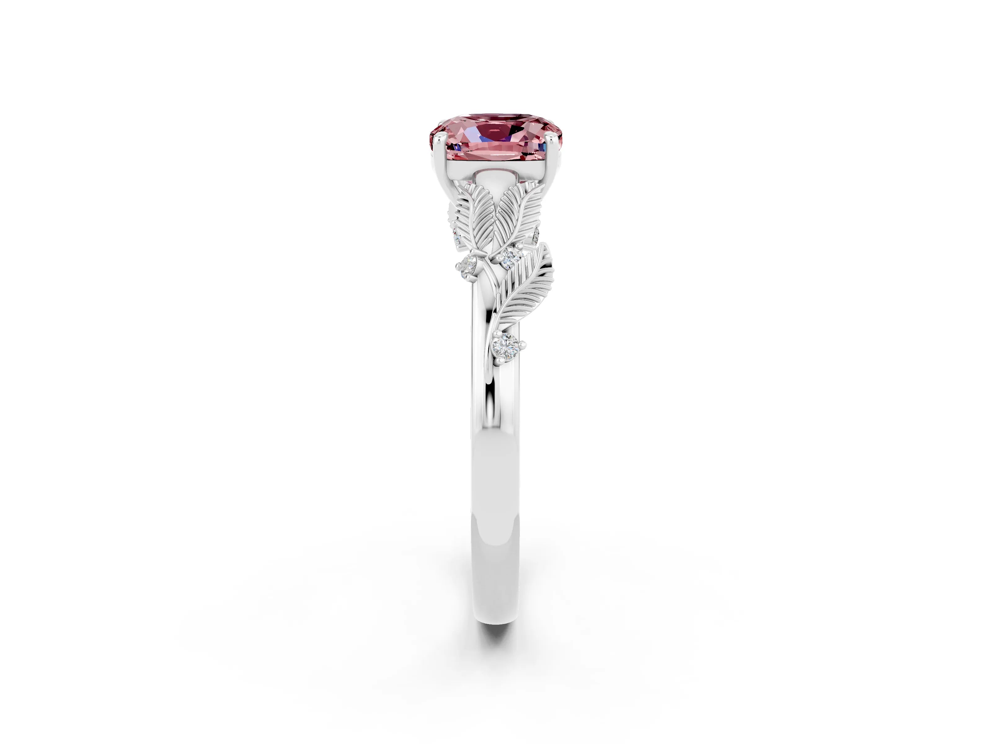 White gold Cushion Cut Morganite Solitaire Ring with Leaf Motif Band and Four-Prong Setting_12