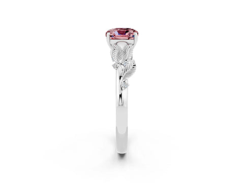 White gold Cushion Cut Morganite Solitaire Ring with Leaf Motif Band and Four-Prong Setting_12