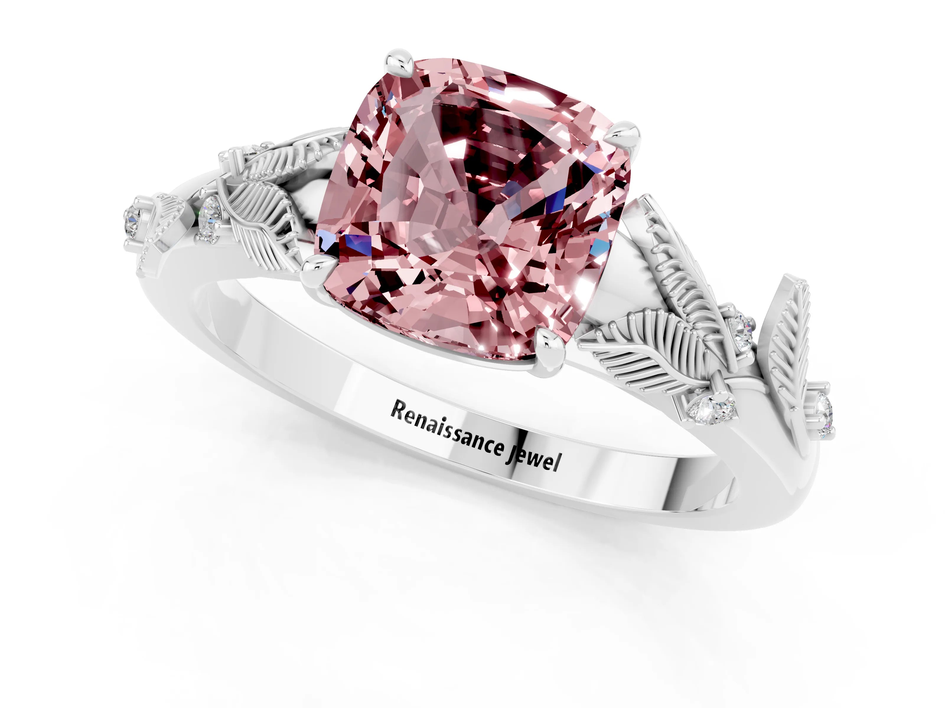 White gold Cushion Cut Morganite Solitaire Ring with Leaf Motif Band and Four-Prong Setting_13