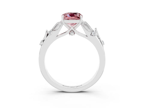 White gold Cushion Cut Morganite Solitaire Ring with Leaf Motif Band and Four-Prong Setting_13