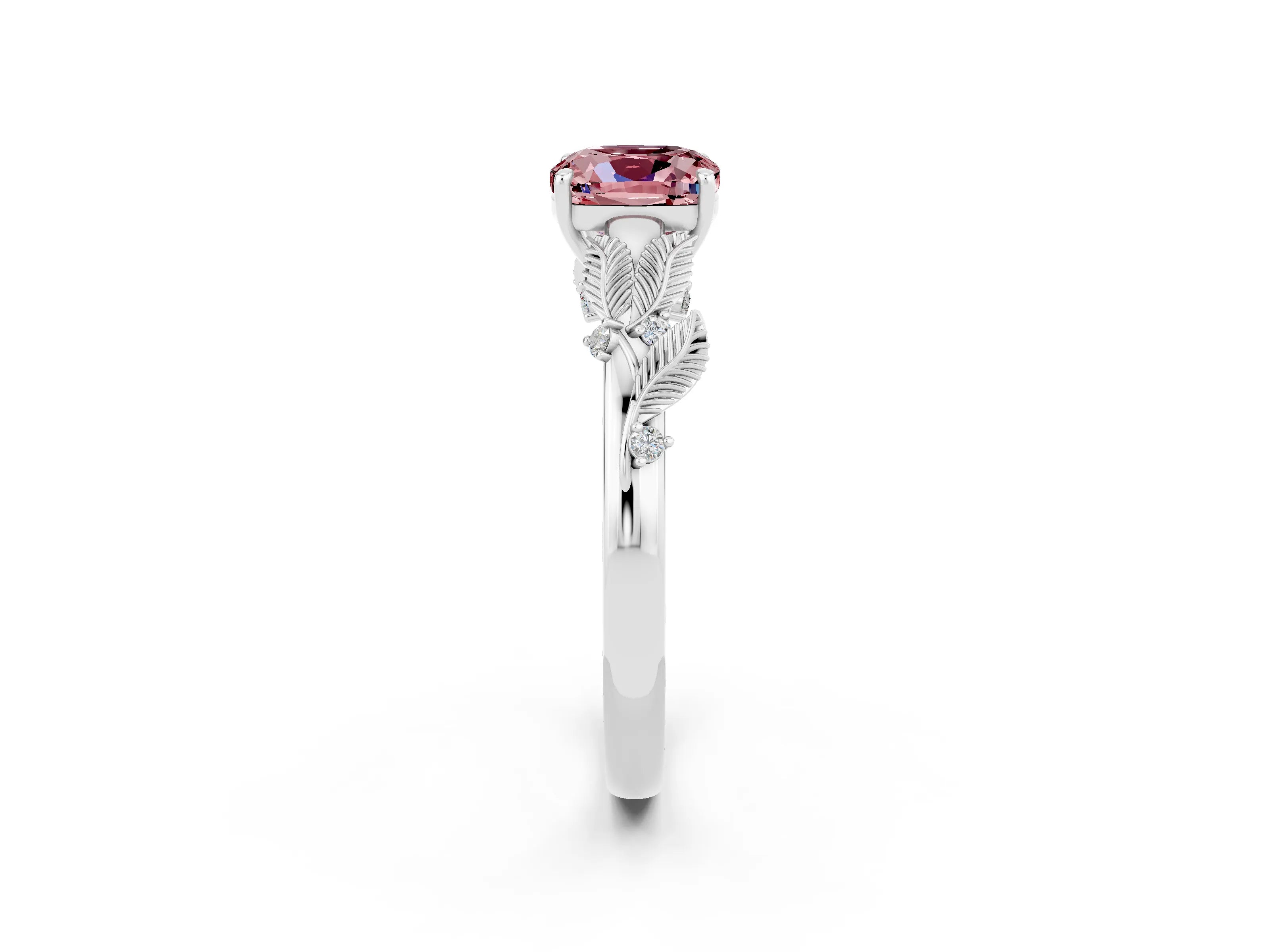 White gold Cushion Cut Morganite Solitaire Ring with Leaf Motif Band and Four-Prong Setting_14