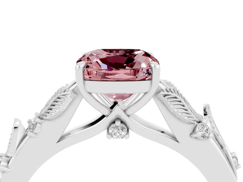 White gold Cushion Cut Morganite Solitaire Ring with Leaf Motif Band and Four-Prong Setting_14