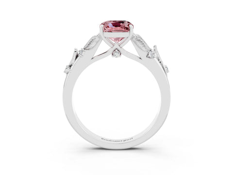 White gold Cushion Cut Morganite Solitaire Ring with Leaf Motif Band and Four-Prong Setting_15