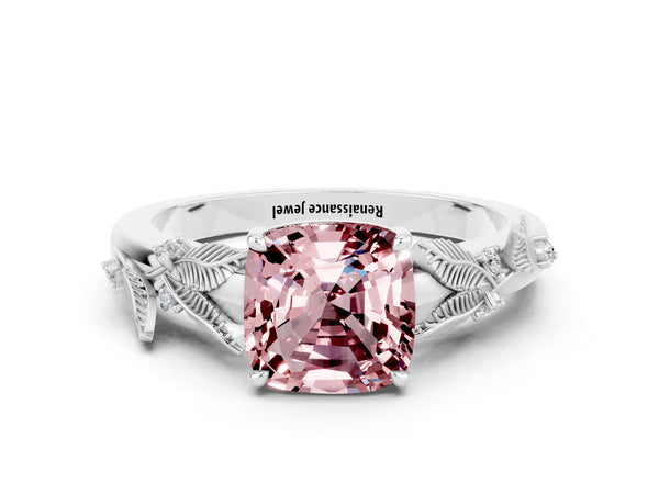 White gold Cushion Cut Morganite Solitaire Ring with Leaf Motif Band and Four-Prong Setting