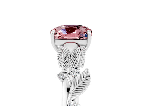 White gold Cushion Cut Morganite Solitaire Ring with Leaf Motif Band and Four-Prong Setting_23