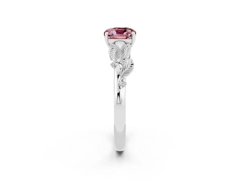 White gold Cushion Cut Morganite Solitaire Ring with Leaf Motif Band and Four-Prong Setting_24
