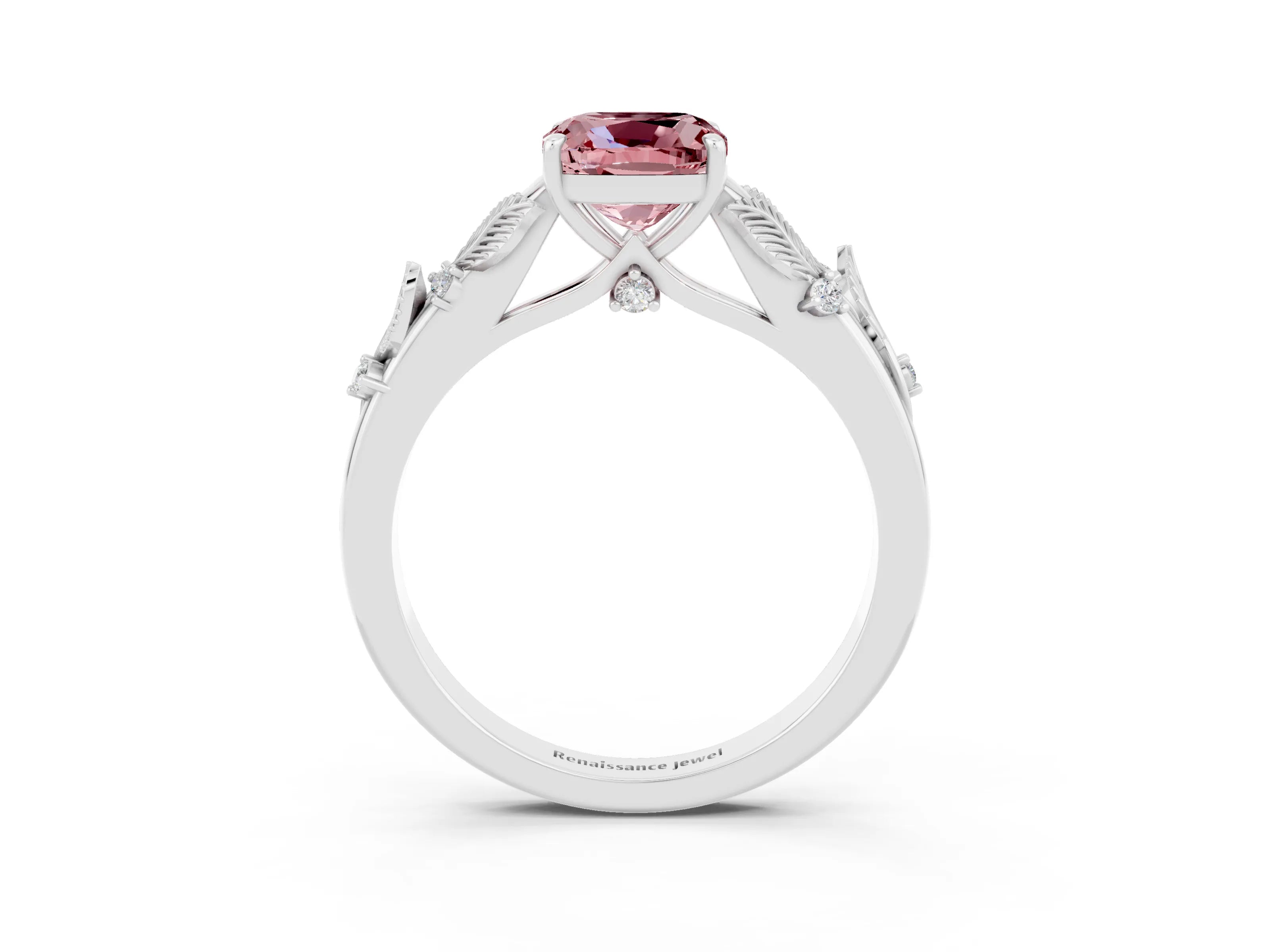 White gold Cushion Cut Morganite Solitaire Ring with Leaf Motif Band and Four-Prong Setting_3