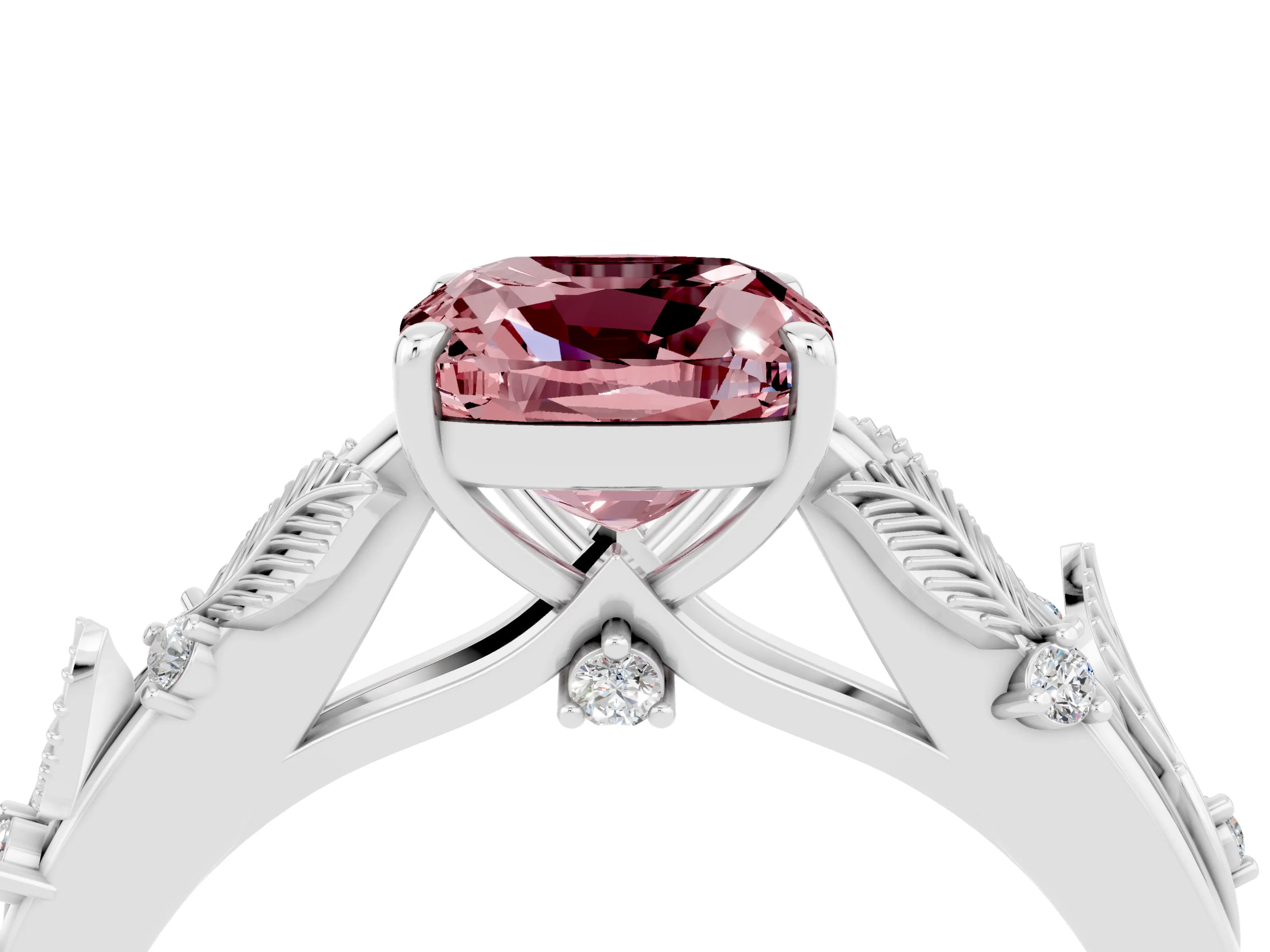 White gold Cushion Cut Morganite Solitaire Ring with Leaf Motif Band and Four-Prong Setting_4