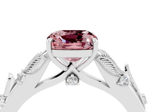 White gold Cushion Cut Morganite Solitaire Ring with Leaf Motif Band and Four-Prong Setting_4