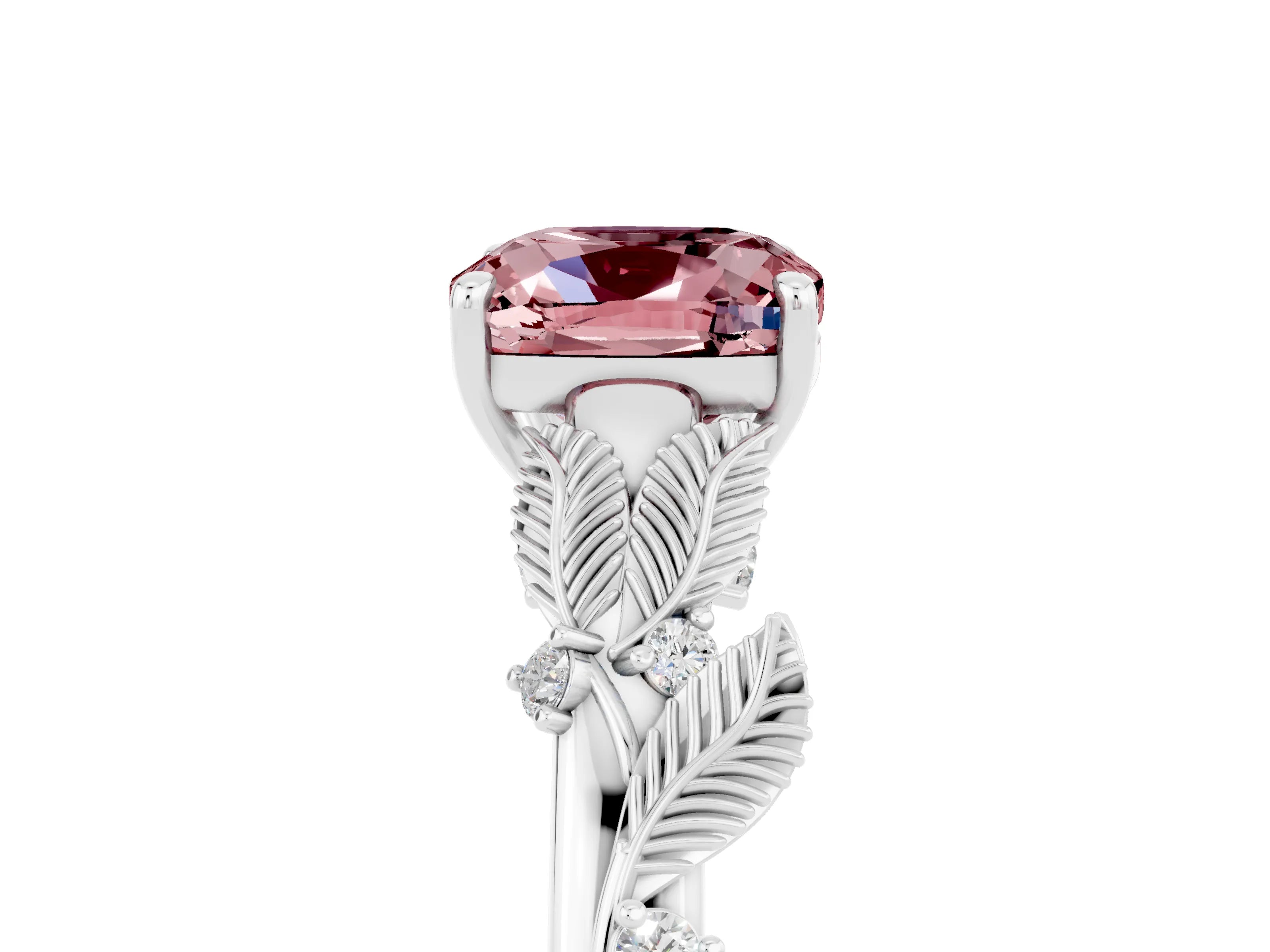 White gold Cushion Cut Morganite Solitaire Ring with Leaf Motif Band and Four-Prong Setting_5