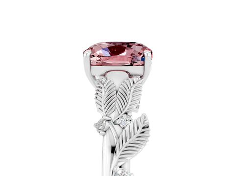 White gold Cushion Cut Morganite Solitaire Ring with Leaf Motif Band and Four-Prong Setting_5