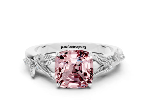 White gold Cushion Cut Morganite Solitaire Ring with Leaf Motif Band and Four-Prong Setting_6
