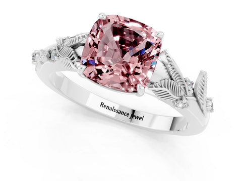 White gold Cushion Cut Morganite Solitaire Ring with Leaf Motif Band and Four-Prong Setting_7