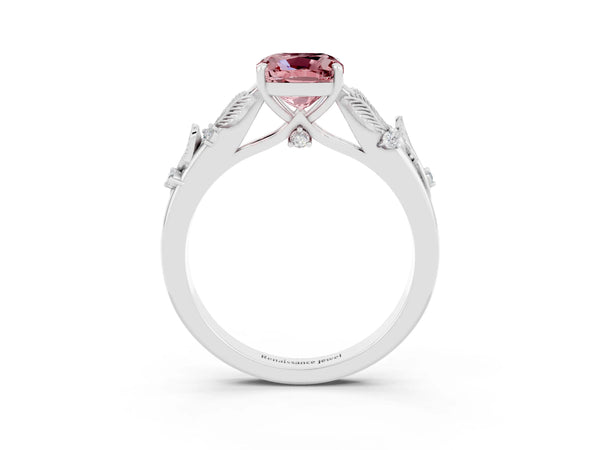 Silver Cushion Cut Morganite Solitaire Ring with Leaf Motif Band and Four-Prong Setting