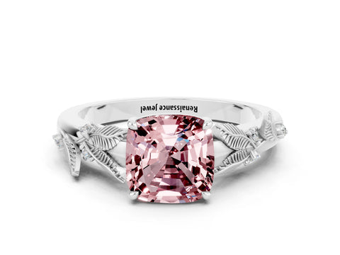 White gold Cushion Cut Morganite Solitaire Ring with Leaf Motif Band and Four-Prong Setting