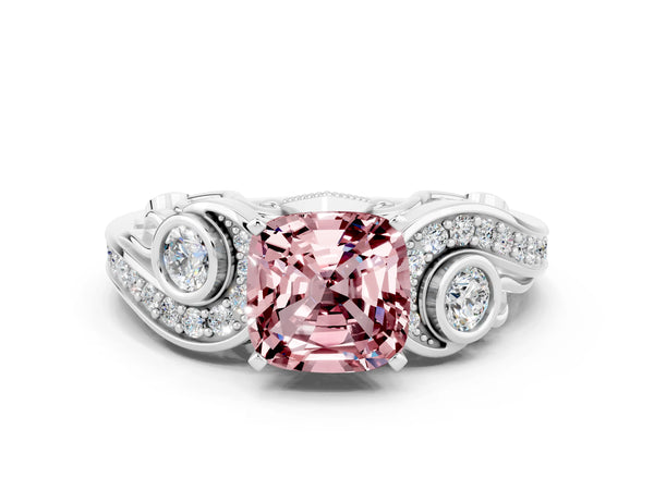 Platinum Cushion Cut Morganite Solitaire Ring with Milgrain Pavé Band and Four-Prong Setting
