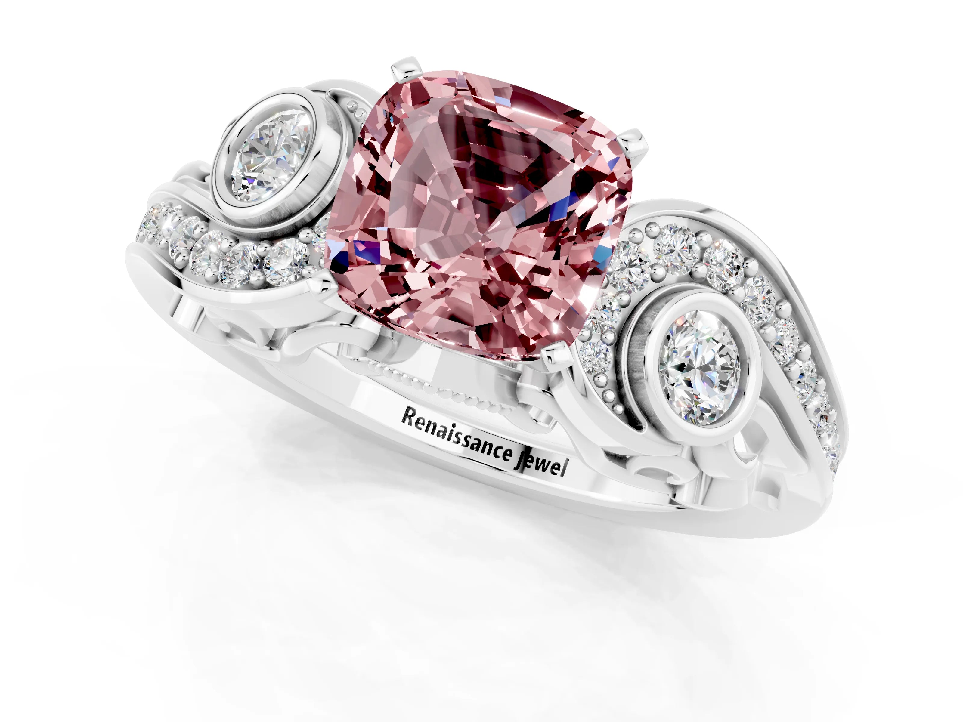 White gold Cushion Cut Morganite Solitaire Ring with Milgrain Pavé Band and Four-Prong Setting_13