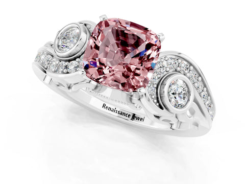 White gold Cushion Cut Morganite Solitaire Ring with Milgrain Pavé Band and Four-Prong Setting_13