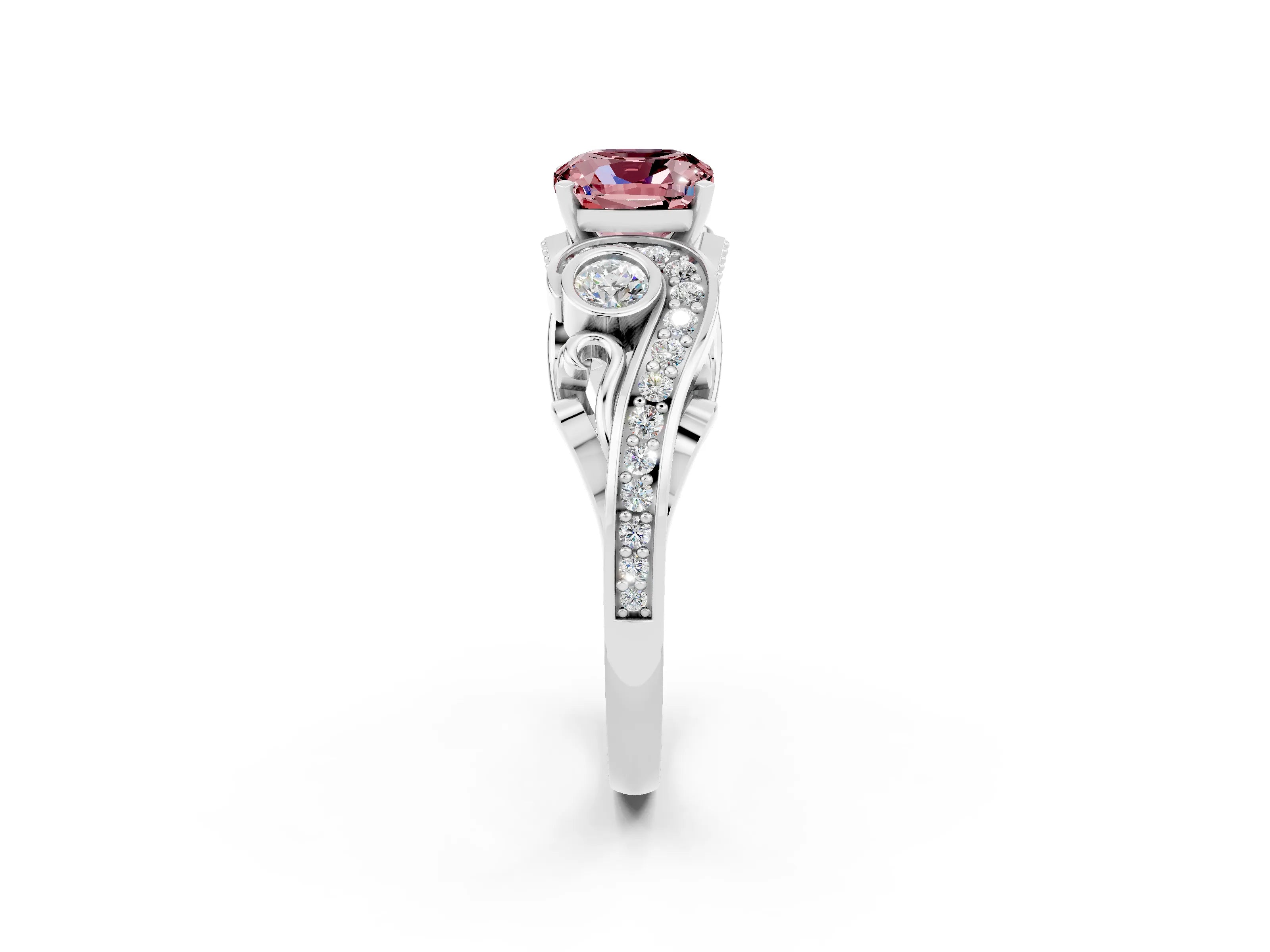 White gold Cushion Cut Morganite Solitaire Ring with Milgrain Pavé Band and Four-Prong Setting_14