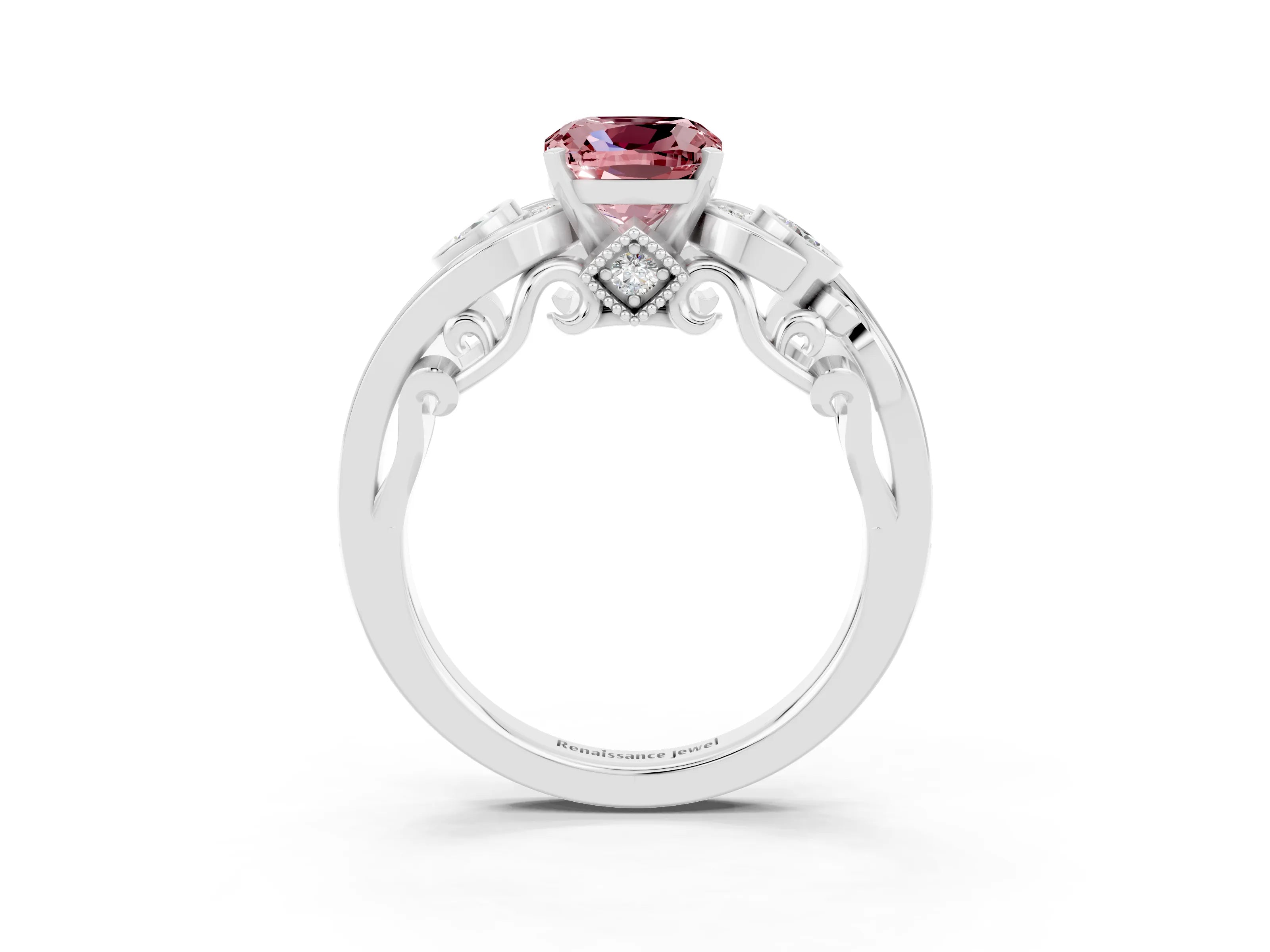 White gold Cushion Cut Morganite Solitaire Ring with Milgrain Pavé Band and Four-Prong Setting_15