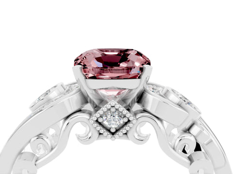 White gold Cushion Cut Morganite Solitaire Ring with Milgrain Pavé Band and Four-Prong Setting_16