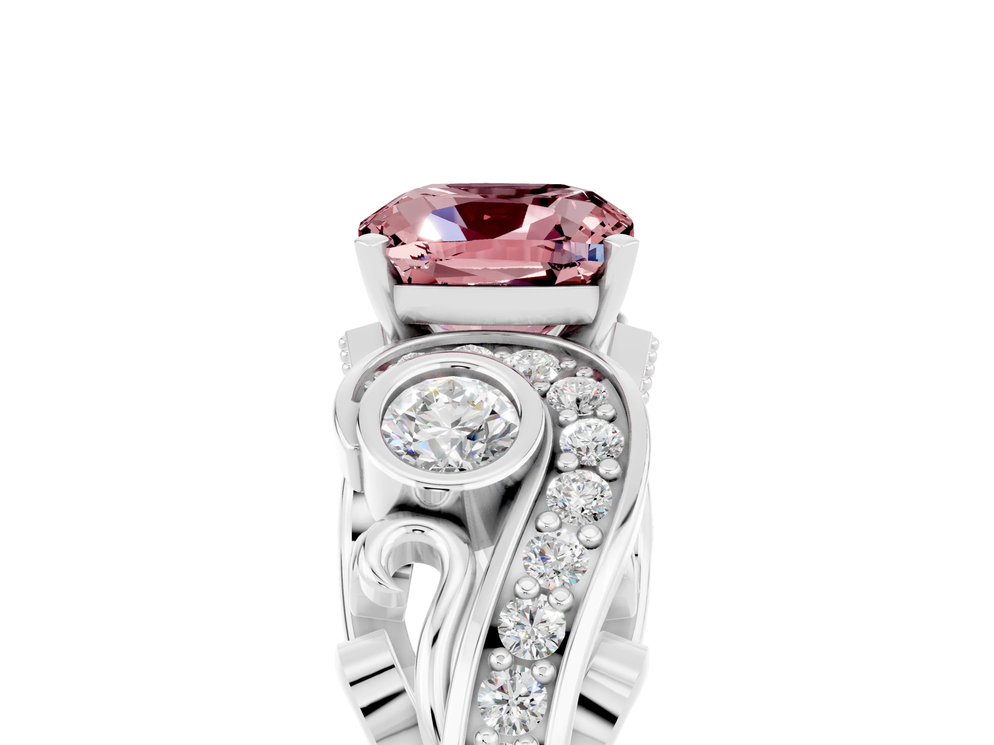 White gold Cushion Cut Morganite Solitaire Ring with Milgrain Pavé Band and Four-Prong Setting_17