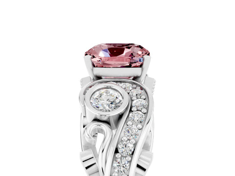 White gold Cushion Cut Morganite Solitaire Ring with Milgrain Pavé Band and Four-Prong Setting_17