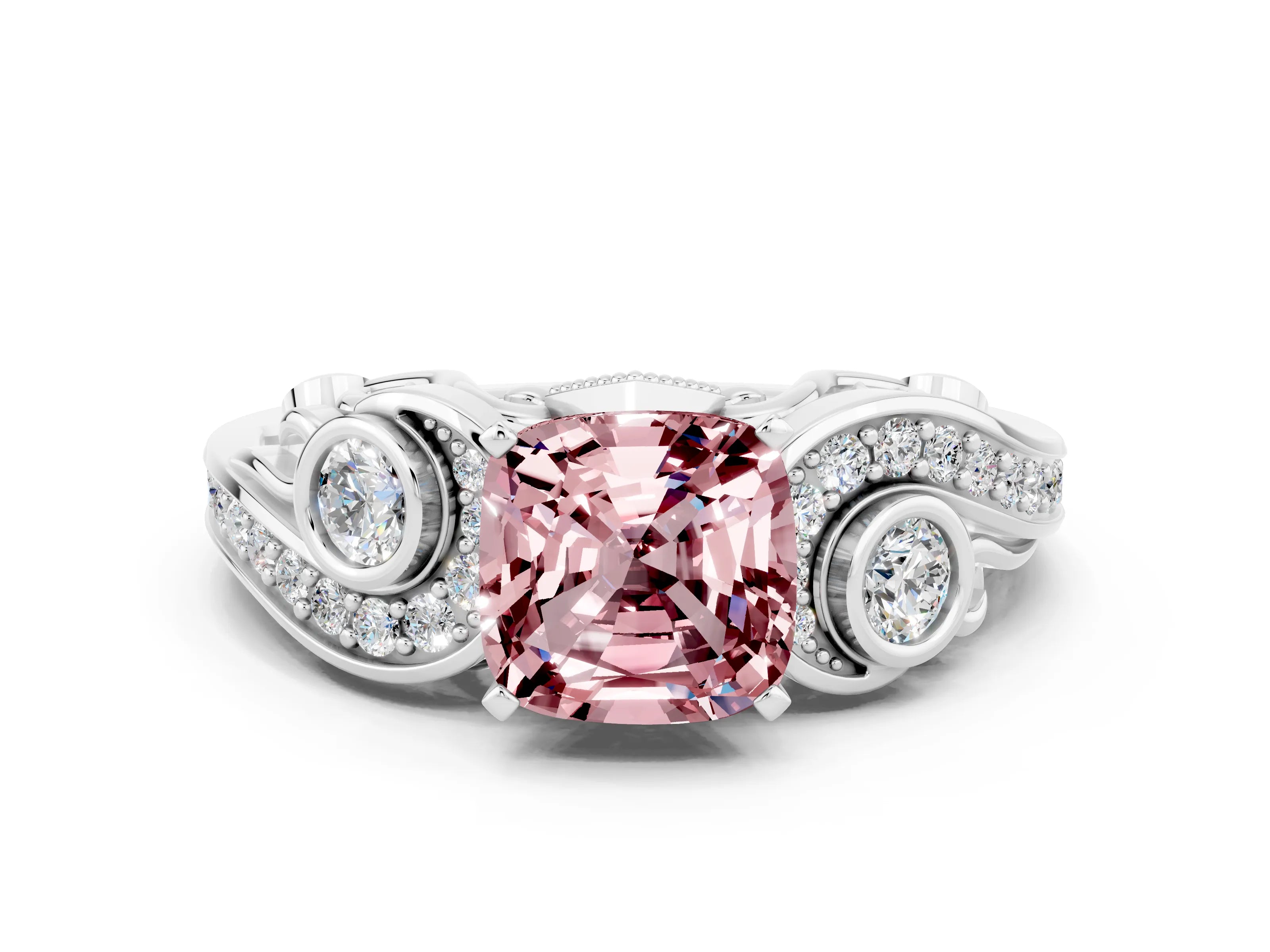 White gold Cushion Cut Morganite Solitaire Ring with Milgrain Pavé Band and Four-Prong Setting_48